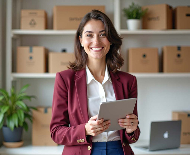 Consulente fiscale sorridente con tablet, specialista nel regime OSS One Stop Shop