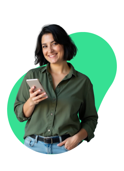 Partita IVA Polonia 6 Giovane donna sorridente con smartphone in mano, simbolo di servizi digitali smart e consulenza online accessibile