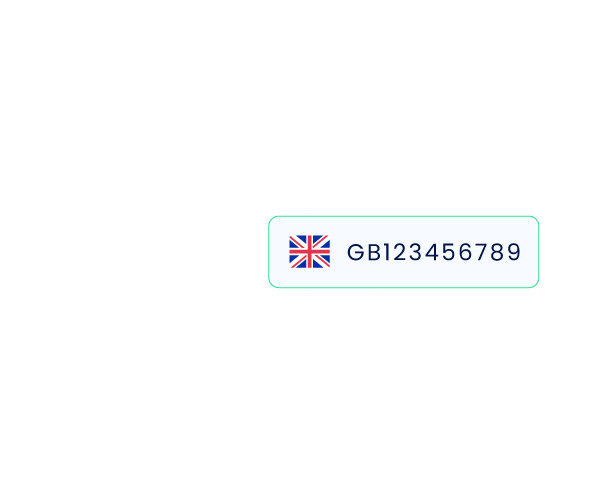 Partita IVA Regno Unito 1 Mappa del Regno Unito con numero VAT e bandiera britannica, simbolo di registrazione partita IVA UK per attività post-Brexit
