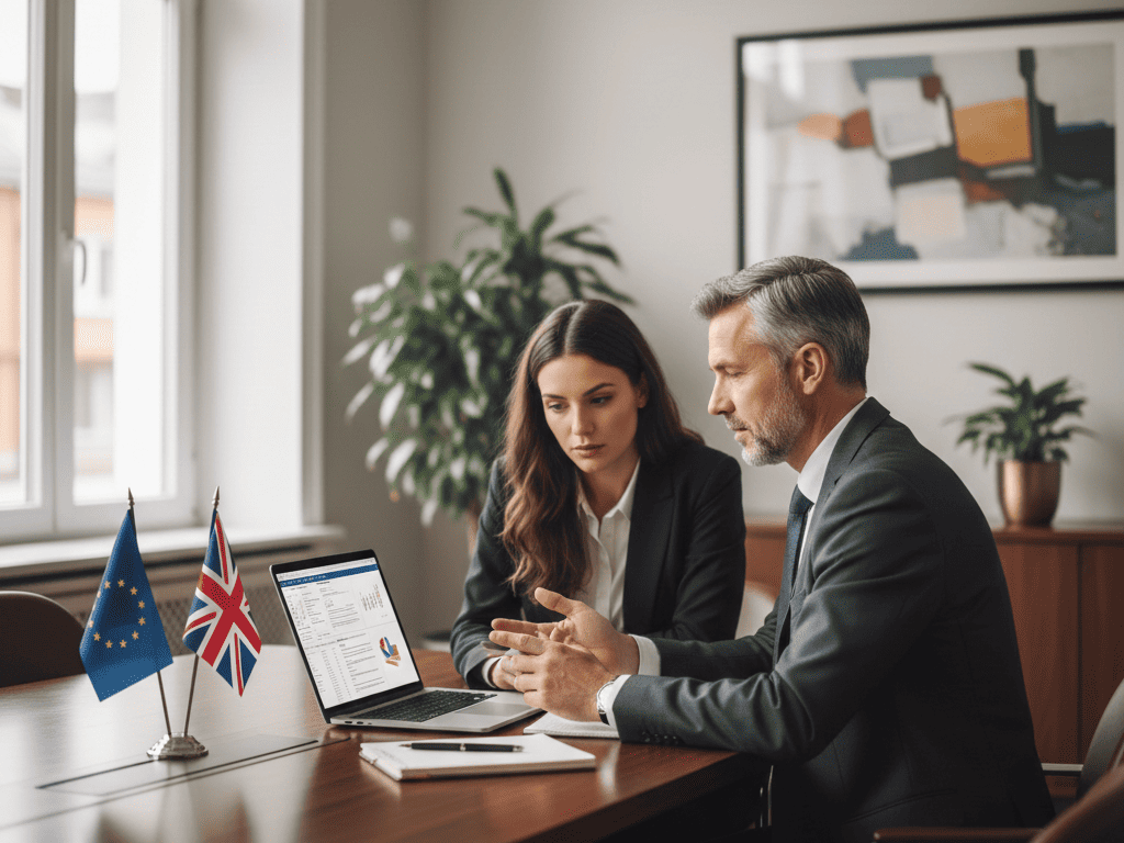 Consulente fiscale e imprenditrice analizzano documenti per vendite e-commerce in UE e Regno Unito, con bandiere UE e UK sul tavolo