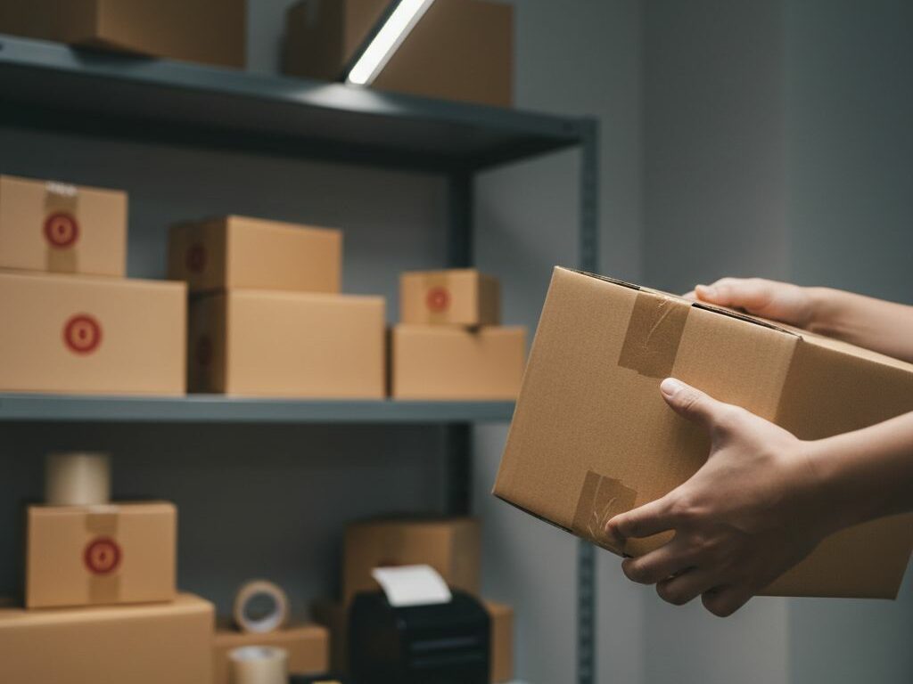 Dettaglio di mani che tengono una scatola pronta per la spedizione in un magazzino e-commerce, rappresentazione della logistica e del funzionamento di Amazon FBA.