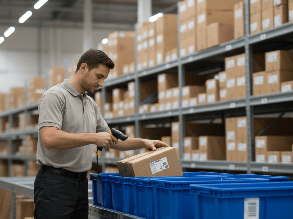 Addetto in magazzino scansiona un pacco con lettore barcode e prepara la spedizione, esempio di logistica per ordini online.