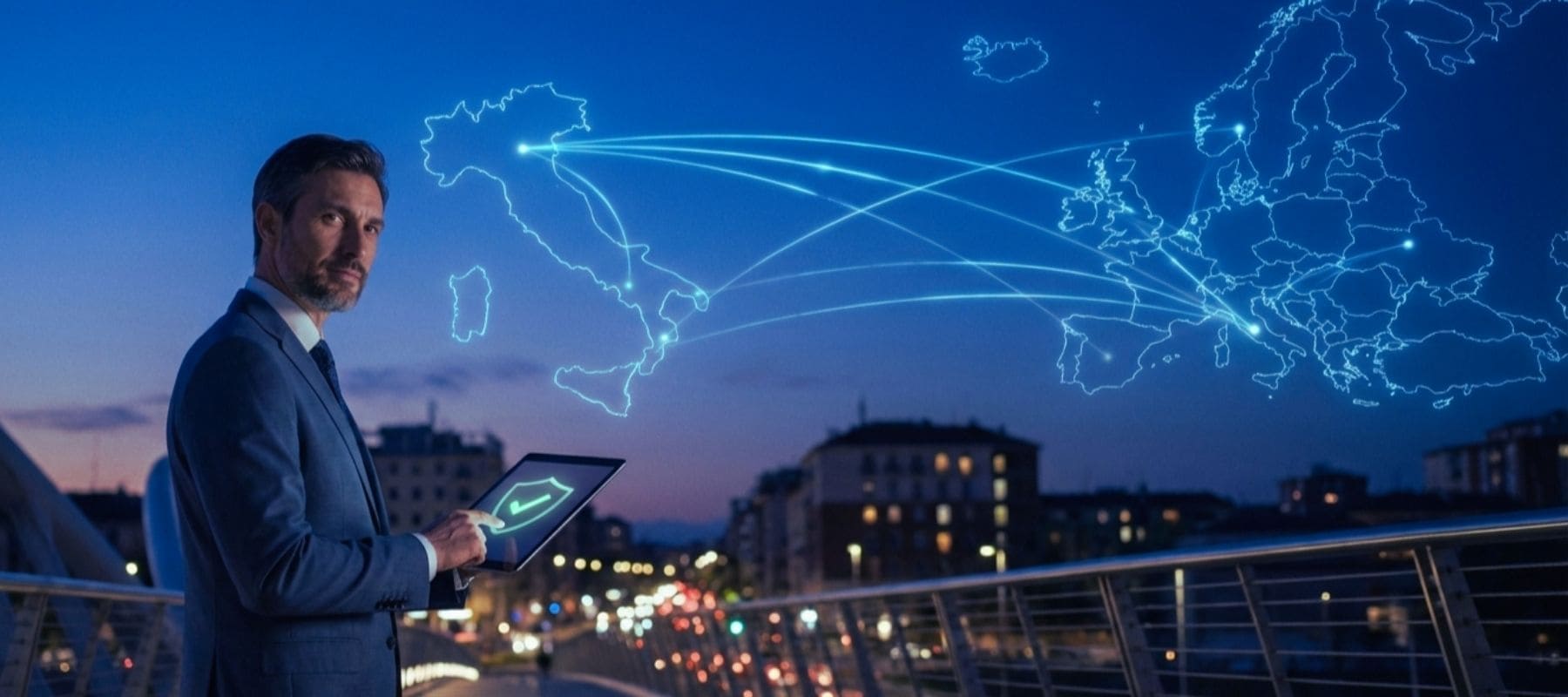 Immagine di copertina professionale che illustra cos'è il VIES, con un consulente d'affari su un ponte moderno al crepuscolo che tiene un tablet con una spunta verde di validazione. Sullo sfondo, una rete digitale luminosa collega la mappa dell'Italia al resto dell'Europa per rappresentare le operazioni intracomunitarie