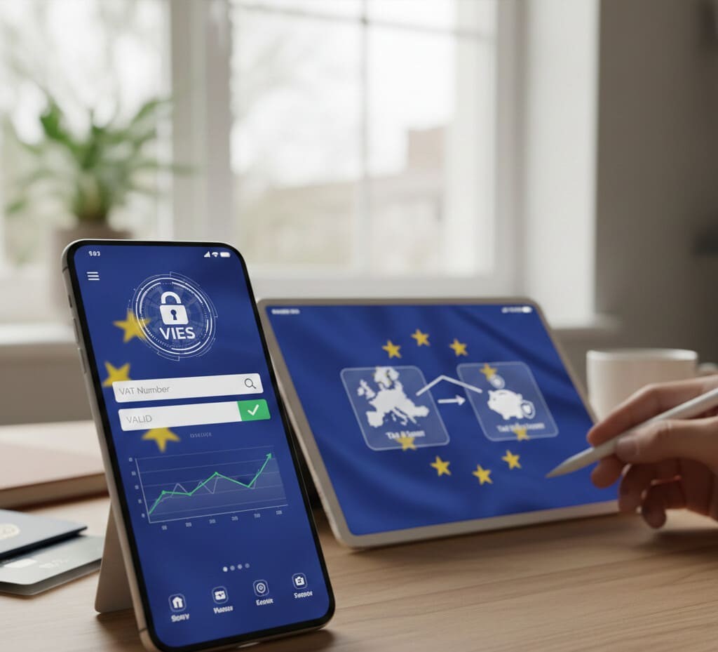 Rappresentazione grafica di cos'è il VIES su uno smartphone e un tablet con la bandiera dell'Unione Europea, che mostra la verifica di una partita IVA comunitaria valida per operazioni transfrontaliere.