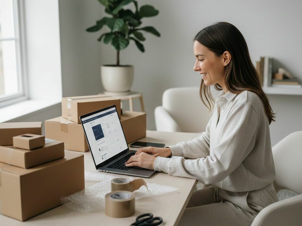 Donna che lavora da casa al computer analizzando dati di vendita per iniziare un business Amazon FBA, con laptop, quaderno e grafici di performance in un ufficio moderno.